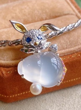 天然玛瑙玉髓小兔子葫芦吊坠项链纯银本命福禄平安冰种翡翠生肖女