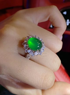 天然冰玻璃种绿玉髓玛瑙戒指环纯银镶嵌原创设计轻奢钻气质女礼物