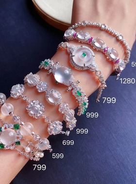 天然水沫玉手链串镯子女纯银镶嵌设计款小众ins转运珠翡翠冰种晶