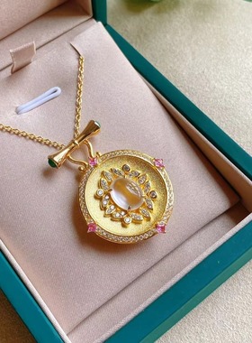 天然水沫玉护心镜吊坠925银电镀黄金项链平安符冰玻璃种翡翠石ins