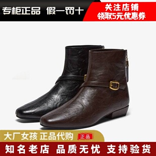 专柜正品百思图2025冬季通勤方头复古短靴粗跟女子时装靴F3051DD5