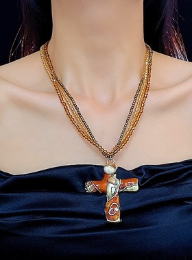 复古暗黑哥特风十字架串珠项链高级感欧美锁骨链叠戴水晶吊坠项饰