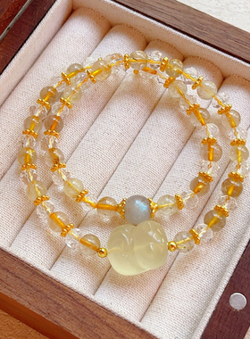 复古黄水晶雕刻小猫手环饰品月光石金发晶招财纳福双圈手串闺蜜女