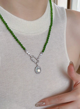 新中式翡翠冰阳绿色万能扣巴西绿玉髓珠项链高级感一款多戴锁骨链