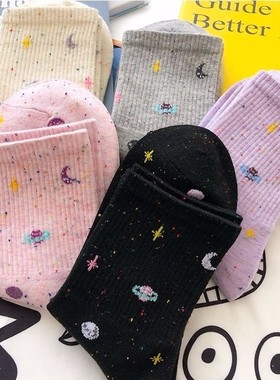 宇宙星空袜子女中通可爱韩版原宿风日系百搭小清新少女黑色ins棉