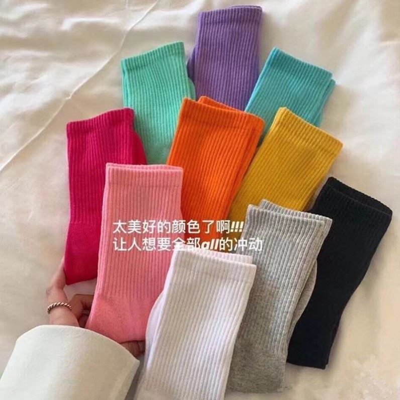 袜子女中筒ins纯色中厚百搭薄款吸汗运动糖果情侣长筒袜子