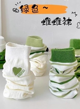春夏绿色条纹堆堆袜子女潮流韩版百搭中筒薄款学院风日系长筒