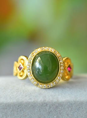 天然新疆和田碧玉戒指女款镶嵌玉石指环时尚百搭饰品礼物