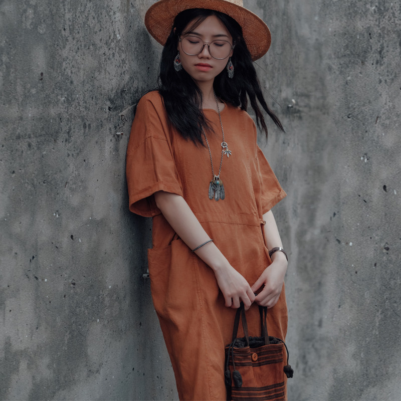 南山草木染&「嬉皮士」植物染泥染 法式复古亚麻连衣裙长袍 23804