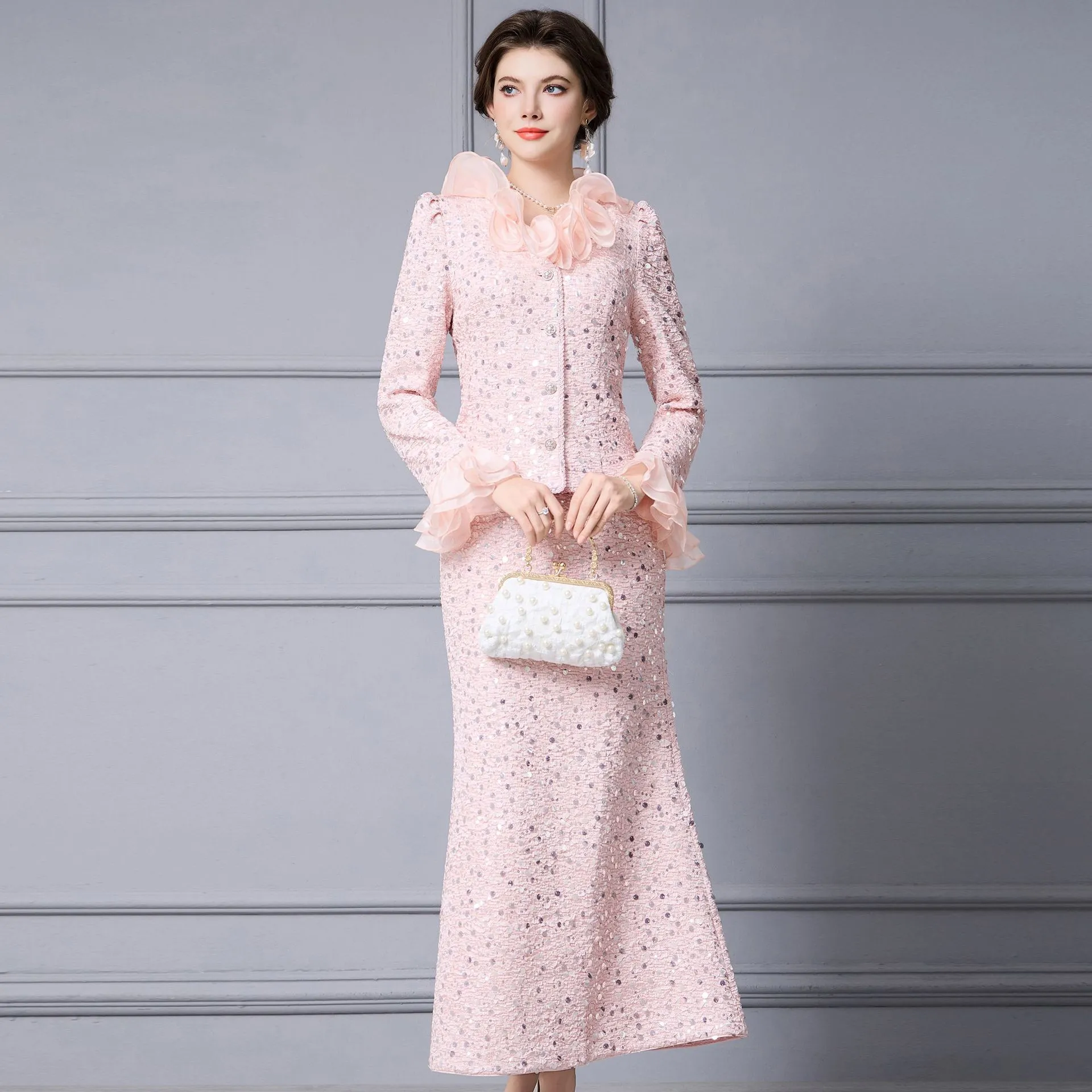 智丽冬款套装女时尚洋气时髦2025新款毛呢外套包臀鱼尾裙子两件套