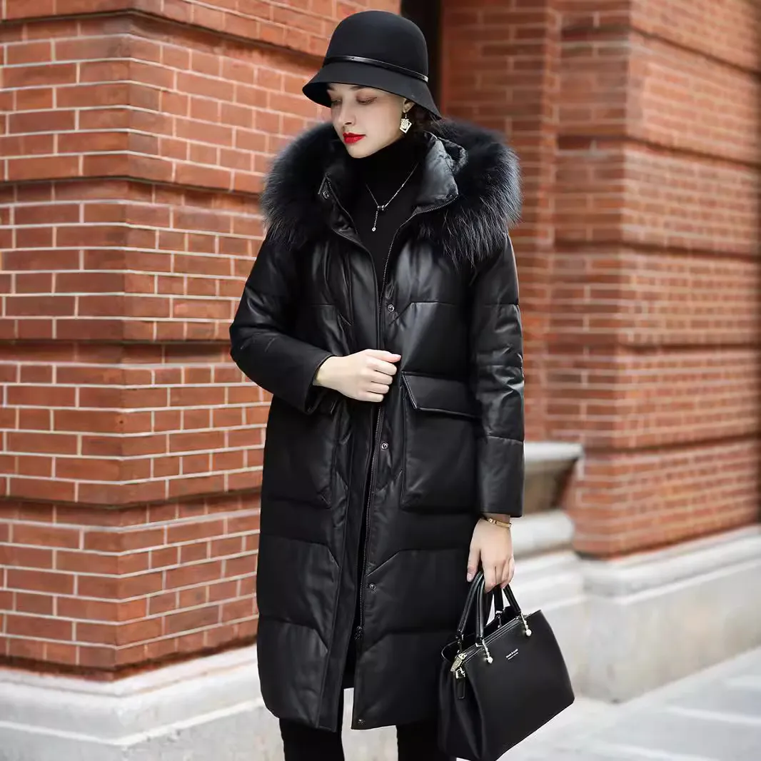2024冬海宁真皮羽绒服女中长款修身显瘦毛领绵羊皮皮衣外套