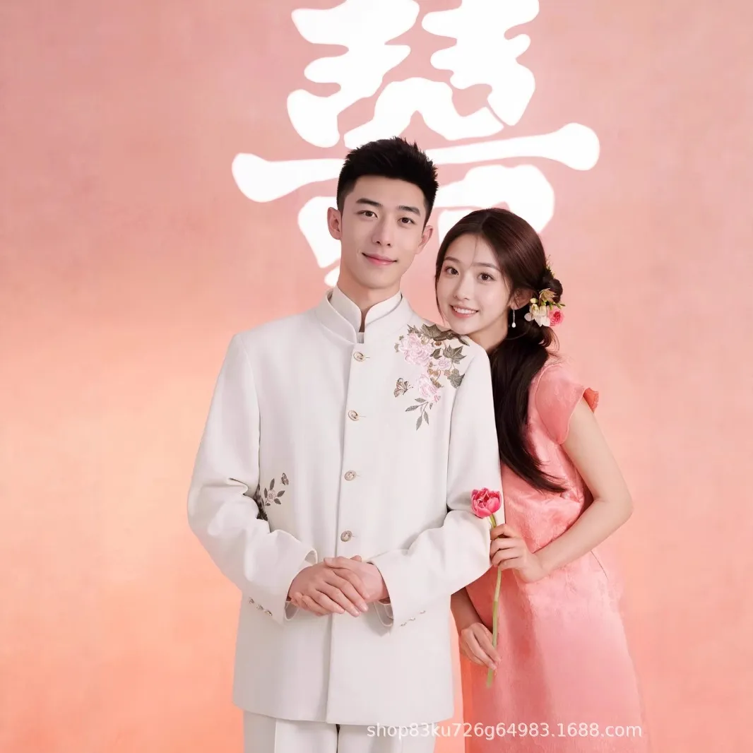 锦富新中式男装立领西装外套绒面牡丹蝴蝶刺绣中山装订婚结婚婚礼