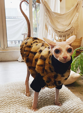 无毛猫衣服斯芬克斯德文柯尼斯秋冬保暖貂豹纹新款土豪皮草厚大衣