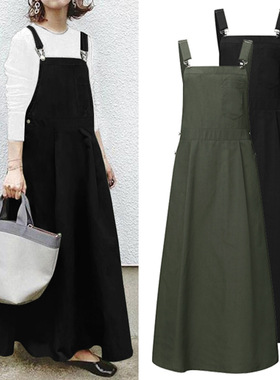 2024 Women Pure Color Casual Long Sling Skirt大码女背带裙