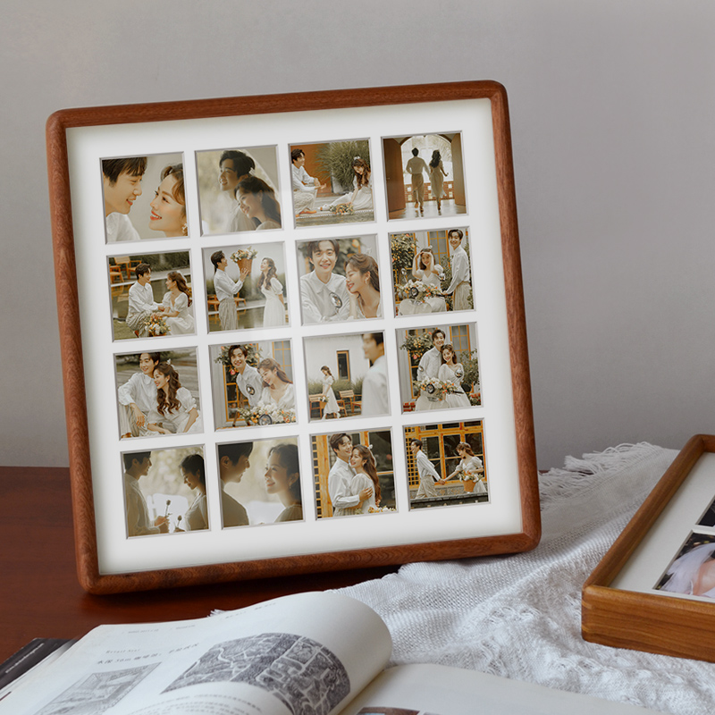 九宫格实木榫卯相框30*30婚纱情侣摆台相框定制打印冲印加洗照片