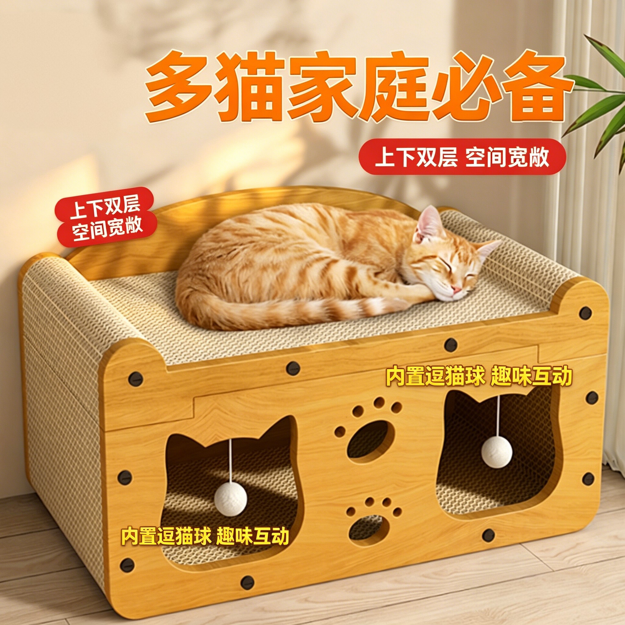 木质猫抓板猫窝一体上下双层大容量猫屋猫咪用品
