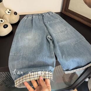超软且好穿搭！韩国男女童翻边格子洋气水洗软牛仔裤儿童百搭长裤
