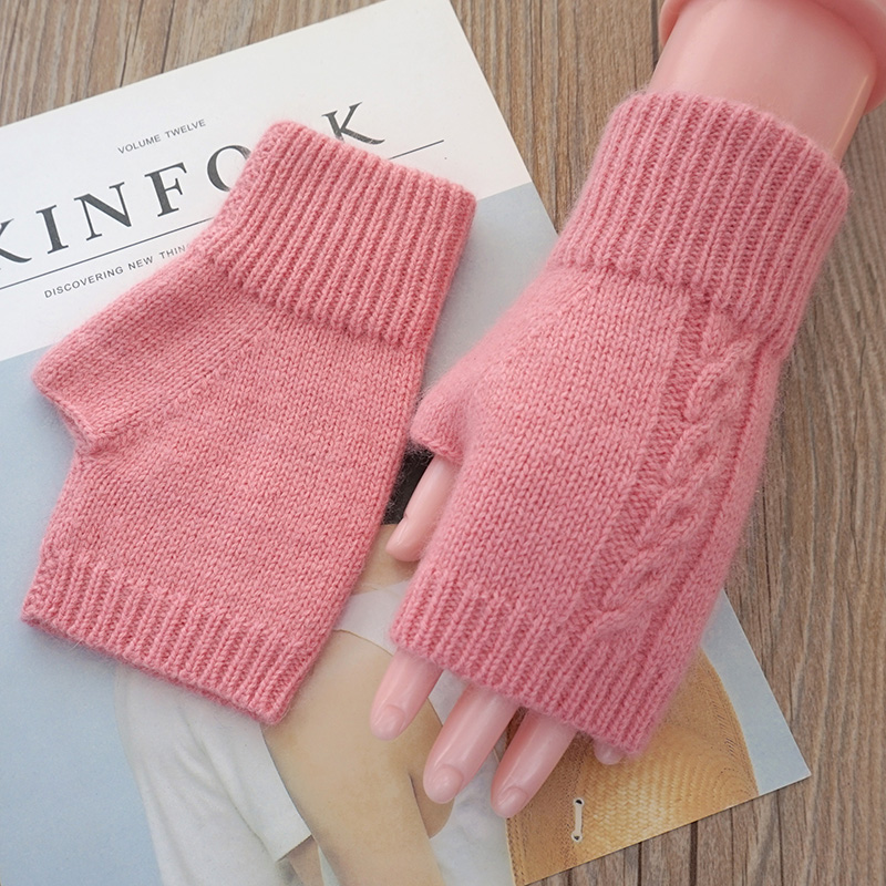 歌诺达秋冬新品女士羊毛羊绒纯色拧花半指手套保暖触屏针织手套