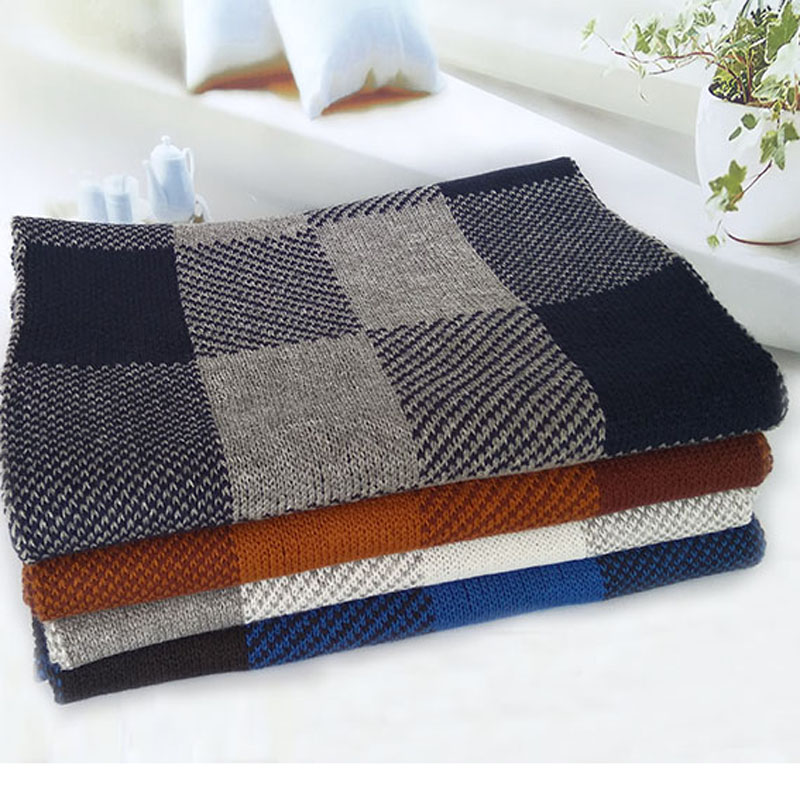 新品秋冬韩版男士复古格子保暖围巾 加长毛线针织保暖加厚围巾