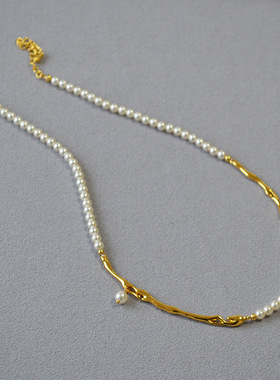 法式小众文艺复古黄铜镀金树枝珍珠拼接个性时尚高级感气质项链女