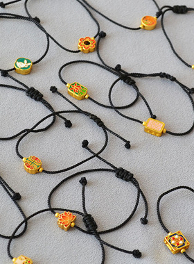 新春彩蛋特价处理黄铜古法沙金工艺珐琅黑色线绳简约复古气质手链