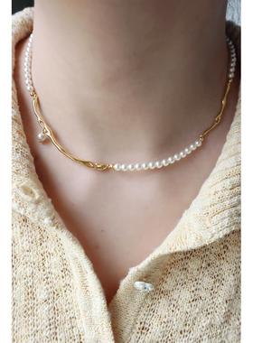 法式小众文艺复古黄铜镀金树枝珍珠拼接个性时尚高级感气质项链女