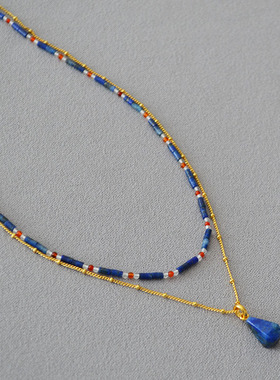 国潮新中式小众设计复古文艺青金石串珠切面菱形吊坠双层叠戴项链