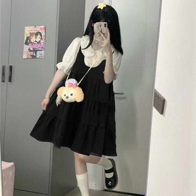 女童小个子碎花背带裙套装
