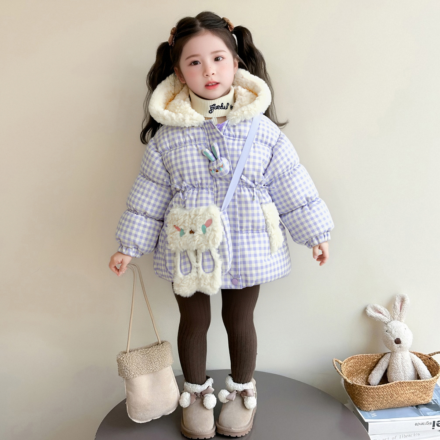 女童棉服2025秋冬新款洋气兔耳朵加厚外套女宝宝冬季保暖棉服连帽