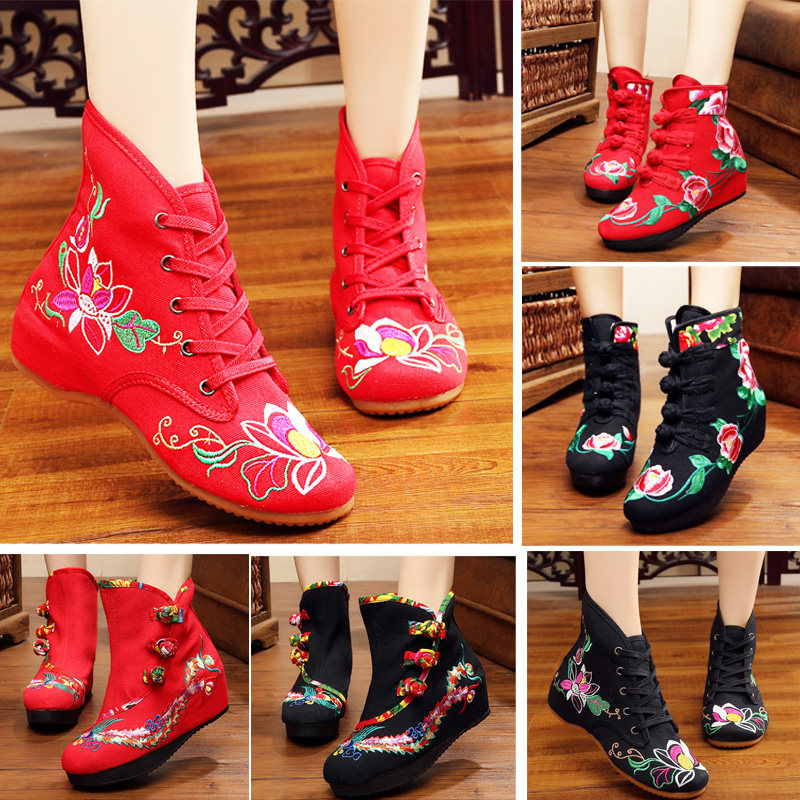 秋冬短靴女棉鞋女靴老北京布鞋绣花靴高跟民族风内增高靴子广场舞,女鞋,时装靴,淘宝优惠券,粉丝福利购,淘宝优惠卷