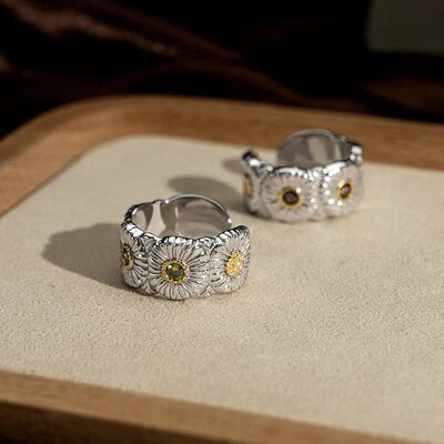 意大利纯银小雏菊戒指女新款开口指环镀金镶钻布家戒子小红书爆款