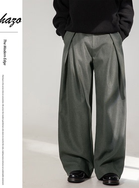 男士灰色半松紧腰坠感直筒阔腿西裤通勤百搭立体免烫处理休闲长裤