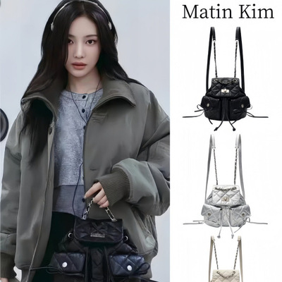韩国小众潮牌matinkim菱格双肩包宁艺卓同款蝴蝶结系带链条包包