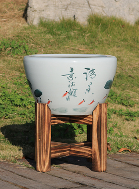 古法鱼缸实木底座陶瓷水缸酒坛石磨茶叶罐底托支架十字双层花盆架