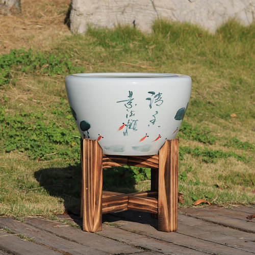 古法陶瓷鱼缸实木底座酒坛双层架