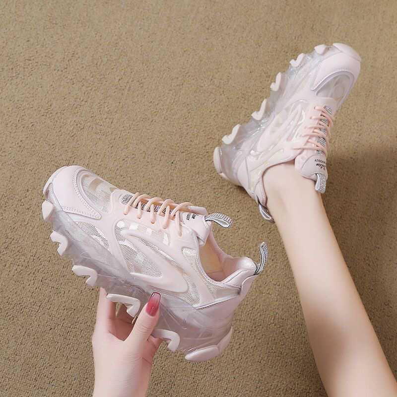 夏天老爹鞋女2025新款果冻底潮鞋透气休闲运动百搭厚底网面小白鞋