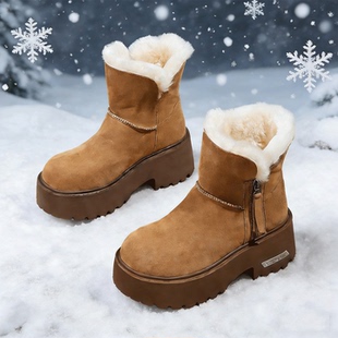 加绒保暖增高毛毛短靴软底高帮棉鞋 厚底松糕防滑雪地靴女冬季 新款