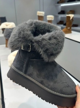 灰色百搭雪地靴女2024冬季新款厚底增高防滑加绒加厚长筒雪地棉鞋