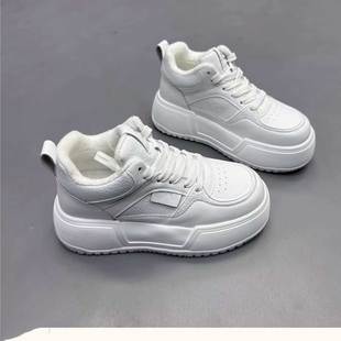 休闲板鞋 韩版 百搭平底防滑小白鞋 女白色加绒保暖棉鞋 子 厚底高帮鞋