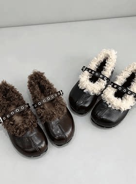 秋冬毛绒保暖平底一字扣女单鞋
