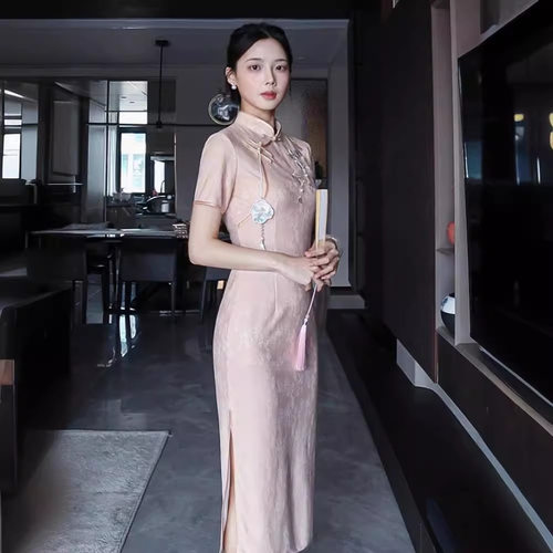 粉色旗袍女小个子新款夏季复古民