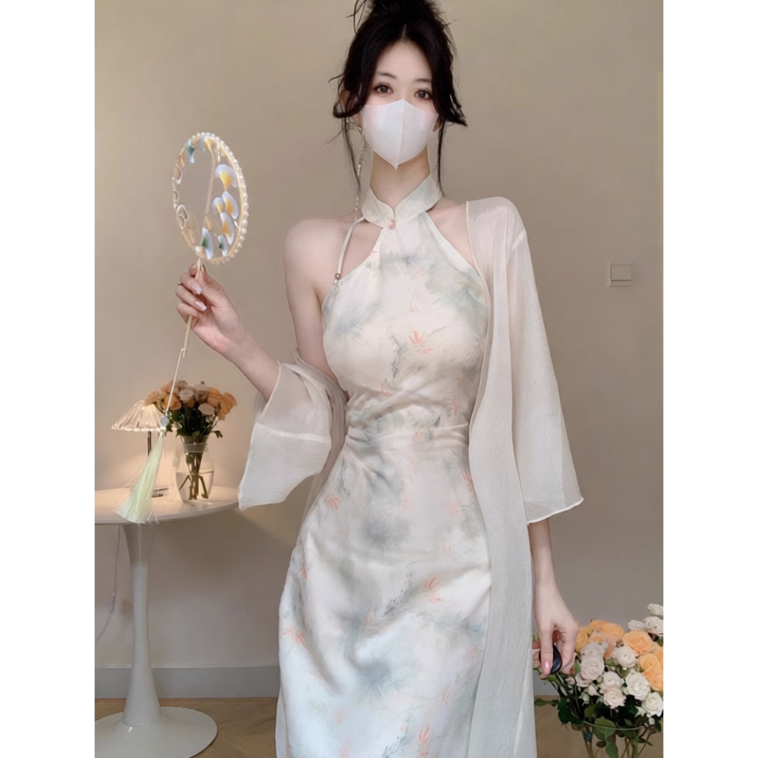 夏季套装女新中式挂脖改良旗袍裙