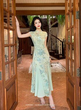 早春新款收腰鱼尾优雅连衣裙碧城'新中式绿色烧花改良旗袍女