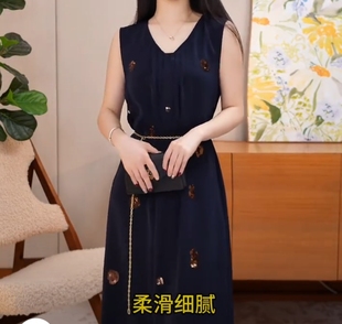 连衣裙专柜同款 刺绣亮片V领宽松休闲无袖 中长款 雅诗歌莹春夏新款