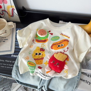 卡通上衣半袖 儿童立体玩偶短袖 T恤夏装 2026 竖条汉堡图案 打底衫