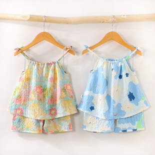 女童洋气碎花背心裙裤 网红两件套薄 夏季 晕染油画风宝宝吊带裙套装