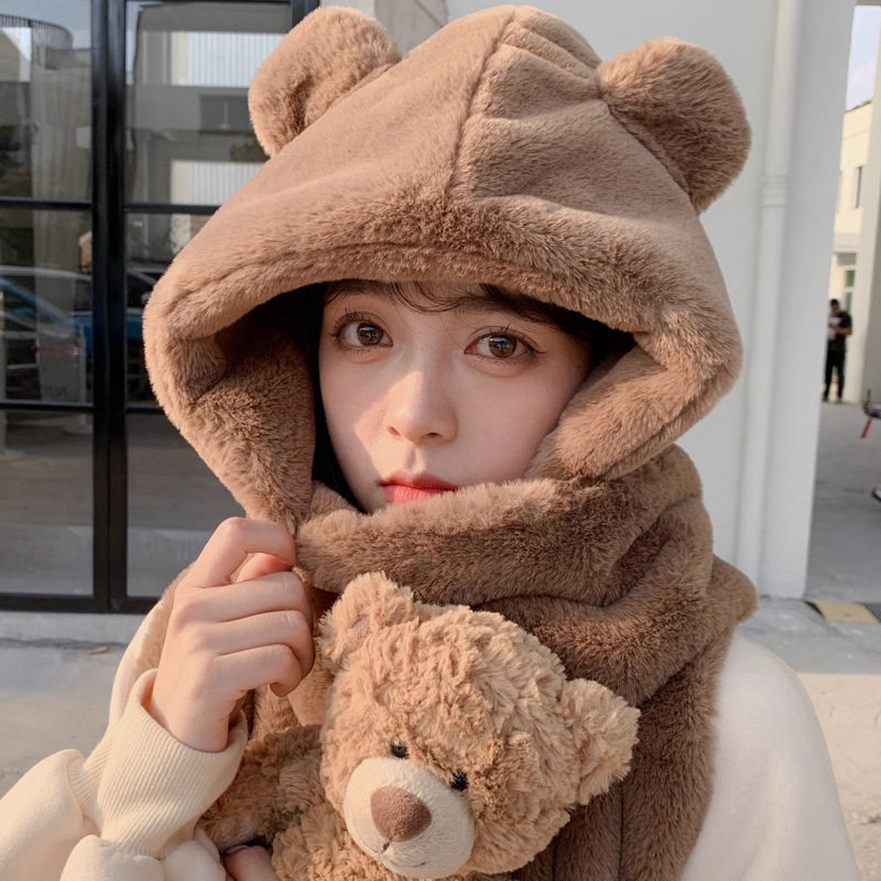 小熊帽子围巾一体女秋冬可爱冬天毛绒连帽护耳韩版百搭保暖加厚款