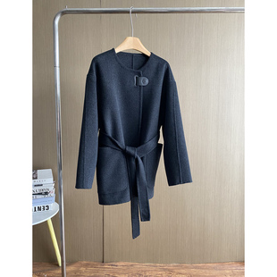 高端中长款双面羊绒大衣女2025秋冬新款系带收腰圆领纯色毛呢外套