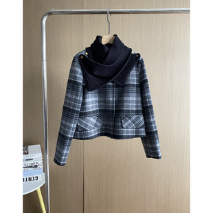 欧洲站围巾格子双面羊毛呢大衣女2025秋冬新款小个子短款毛呢外套