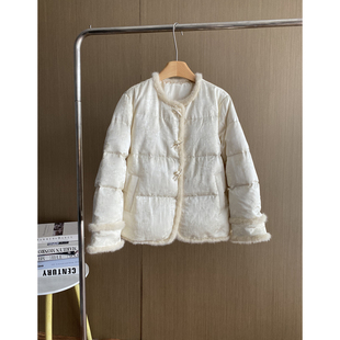 轻奢复古水貂毛边国风羽绒服女短款2025冬季圆领宽松气质保暖外套